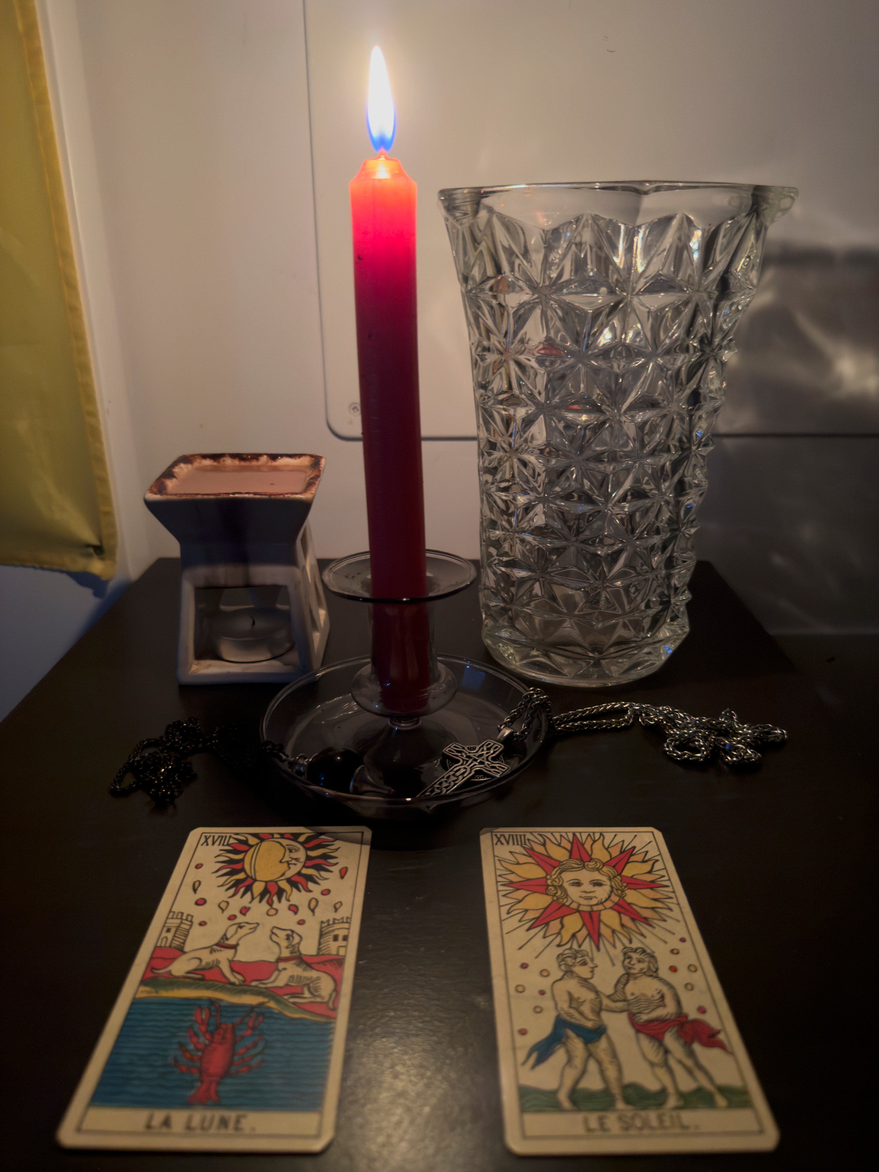 Mystical altar with candles and Celtic symbols